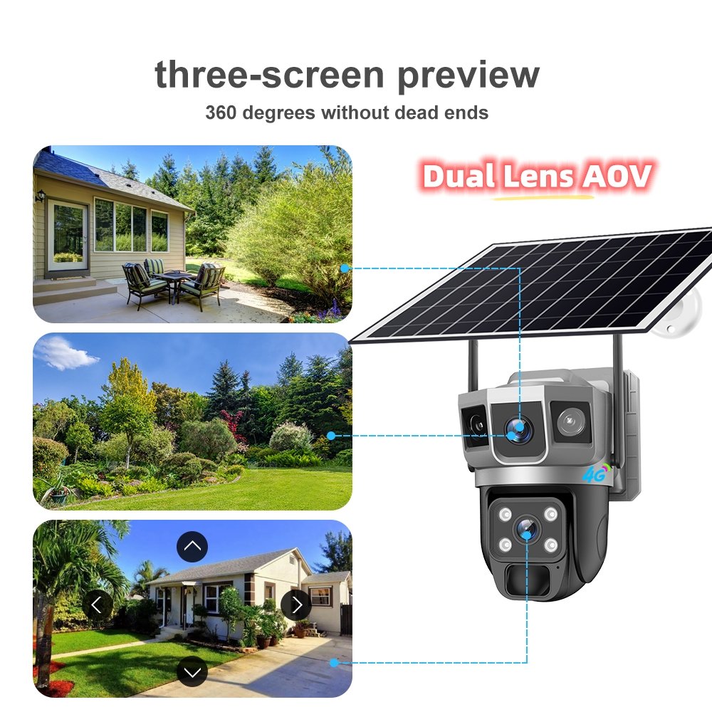 V380PRO Newest Arrival Blacklight 4mp Dual Lens AOV Solar Powered Battery Camera 4G Network Outdoor Solar PTZ Camera
