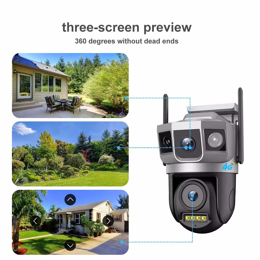 New Trend Three Screens 4MP 2K Wireless WiFi 4G LTE CCTV PTZ Outdoor Camera V380 Pro Dual Lens 4G Sim Card WiFi Security Camera