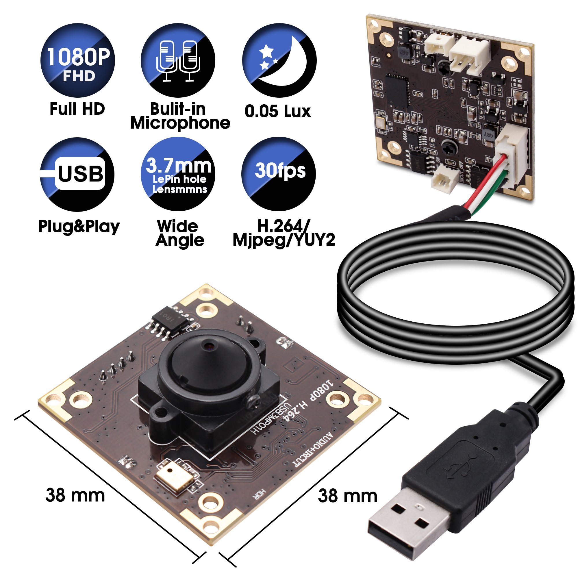 ELP Tiny Pinhole Camera Module HD Driverless 3MP 2MP 30fps H264 WDR Audio USB Mini Security Camera UVC For Linux Android Windows