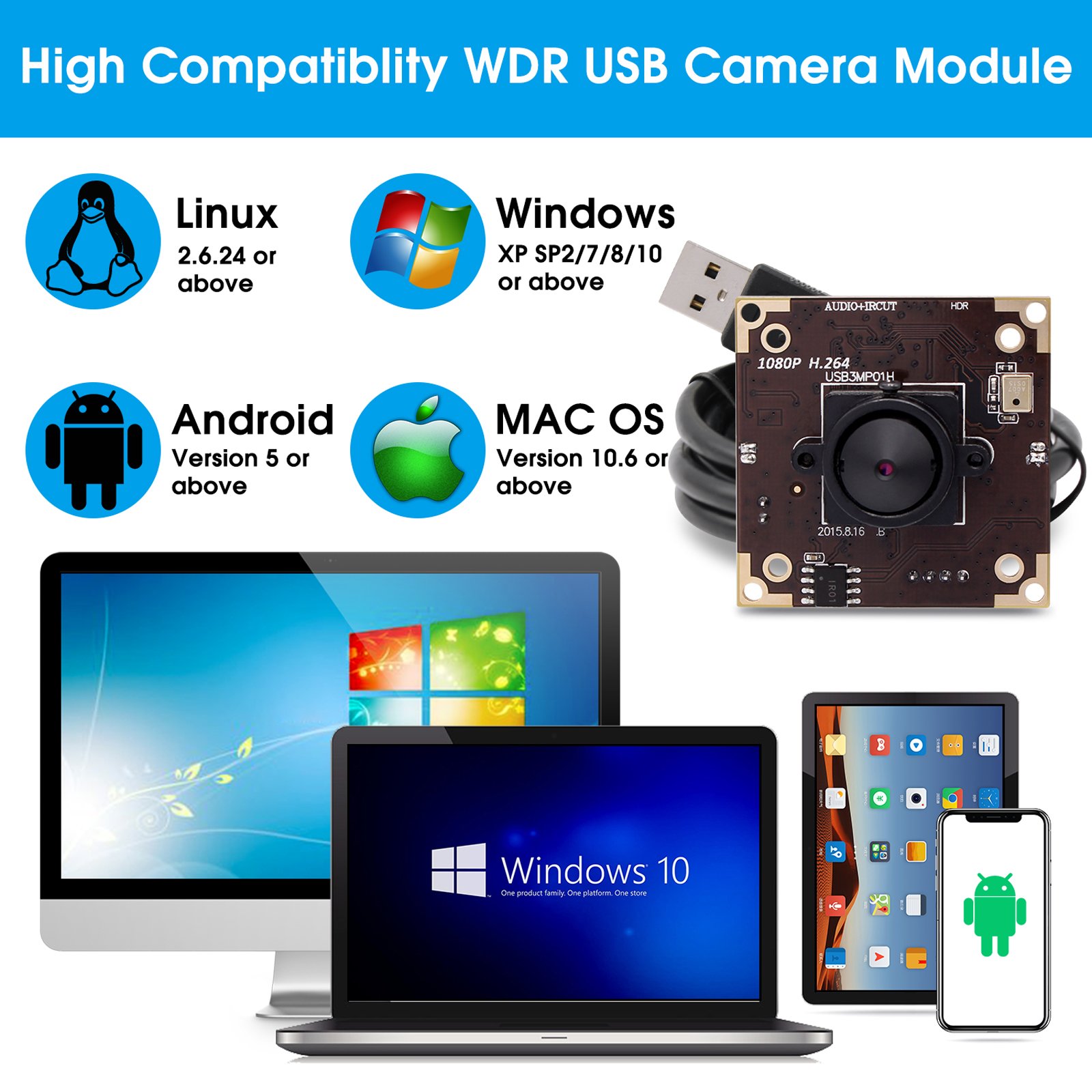 ELP Tiny Pinhole Camera Module HD Driverless 3MP 2MP 30fps H264 WDR Audio USB Mini Security Camera UVC For Linux Android Windows