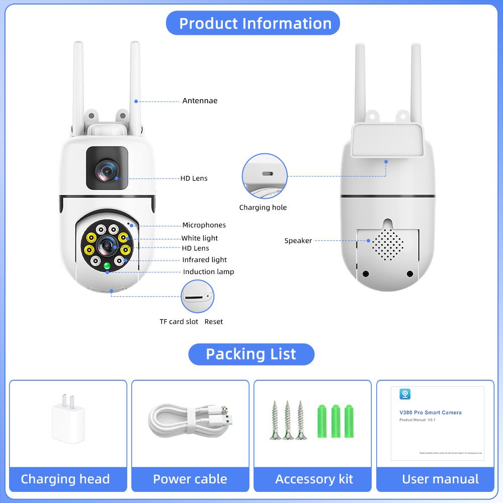 Audube V380 pro 4MP Dual Lens Dual Screens Motion Detection Two Way Audio Security Wireless Wifi Outdoor Ptz Cctv IP Camera