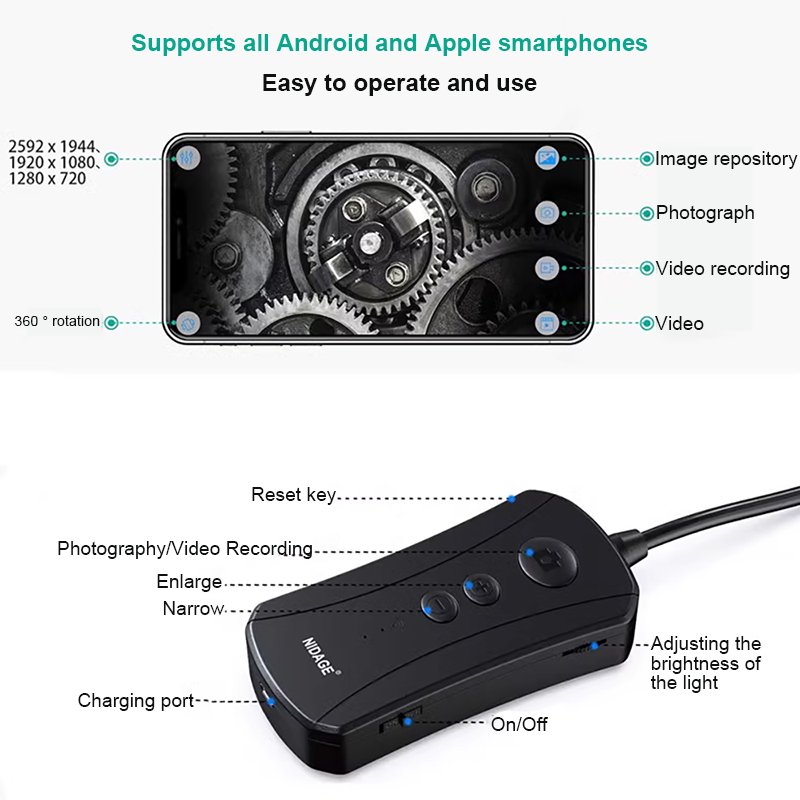 1200W high-definition mobile phone wifi endoscope 3x magnification camera car maintenance inspection 8mm lens 1m-15m length
