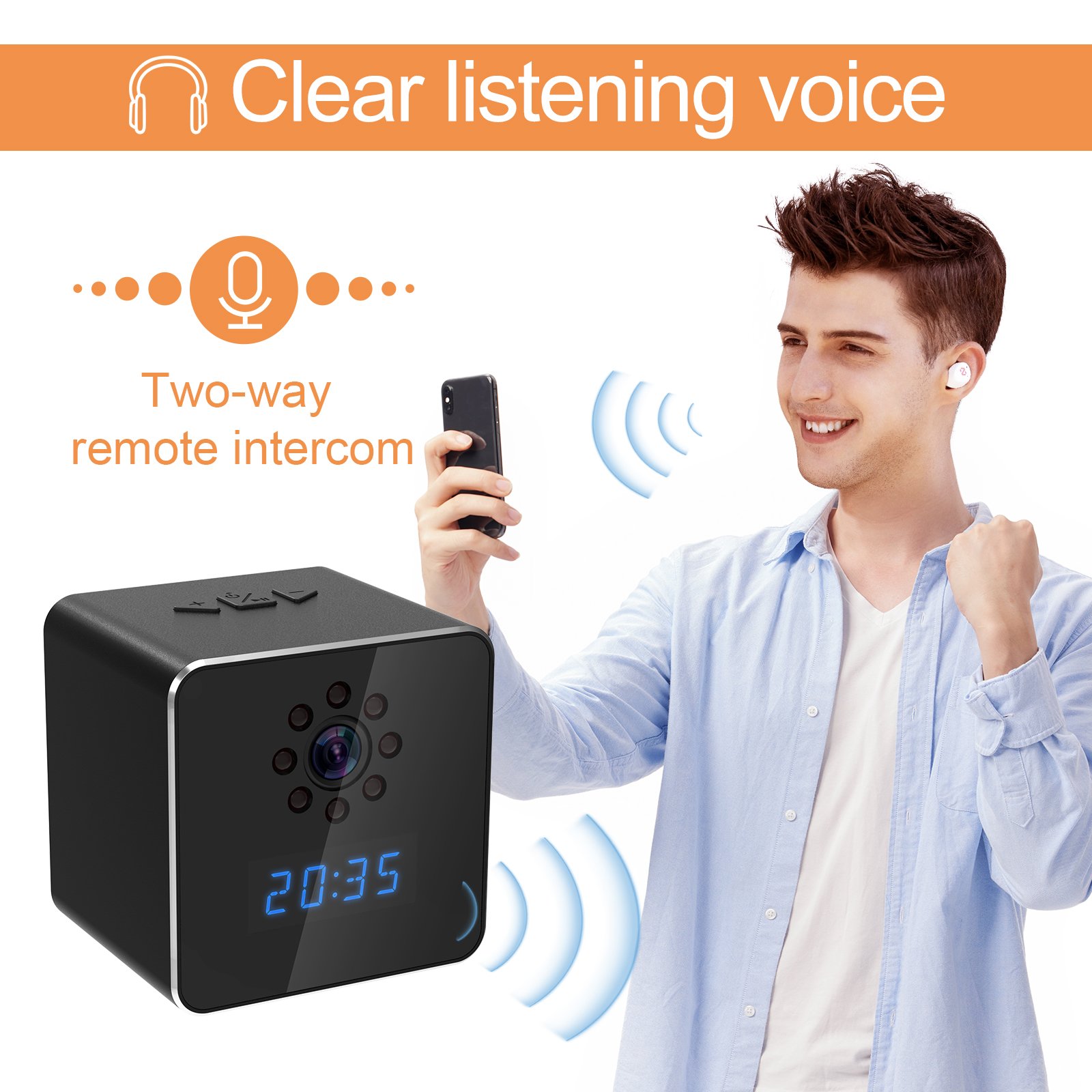 1080P WIFI Camera Bluetooth Speaker Clock camera with Night Vision Motion Detection Remote Viewing for Home Security Camera