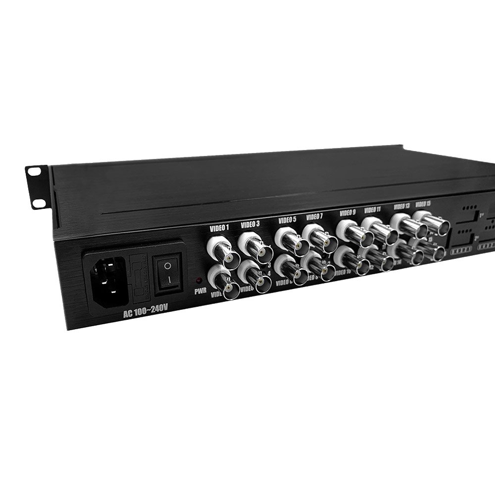 1U rack 16 channel BNC AHD CVI TVI 1080P analog video converter to fiber 20km