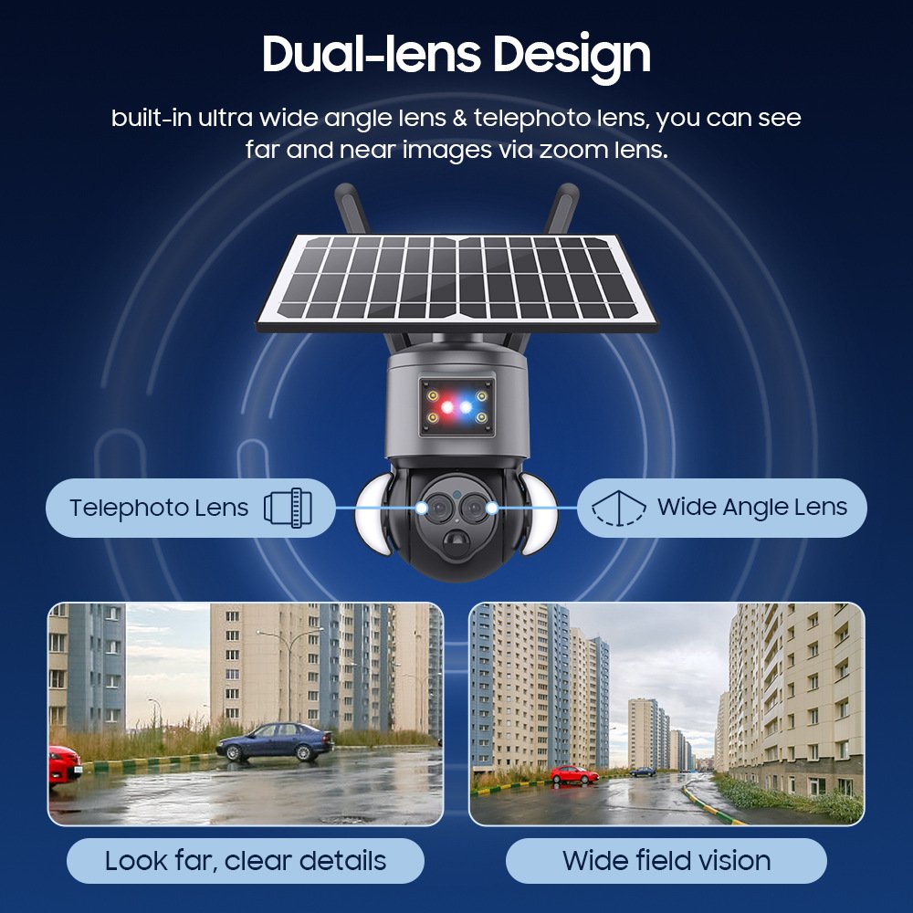 6mp Dual Lens 9W Solar Panel 20X Optical Zoom Ubox App Dual PIR AI Humanoid Detection 4G Security Solar Powered Camera