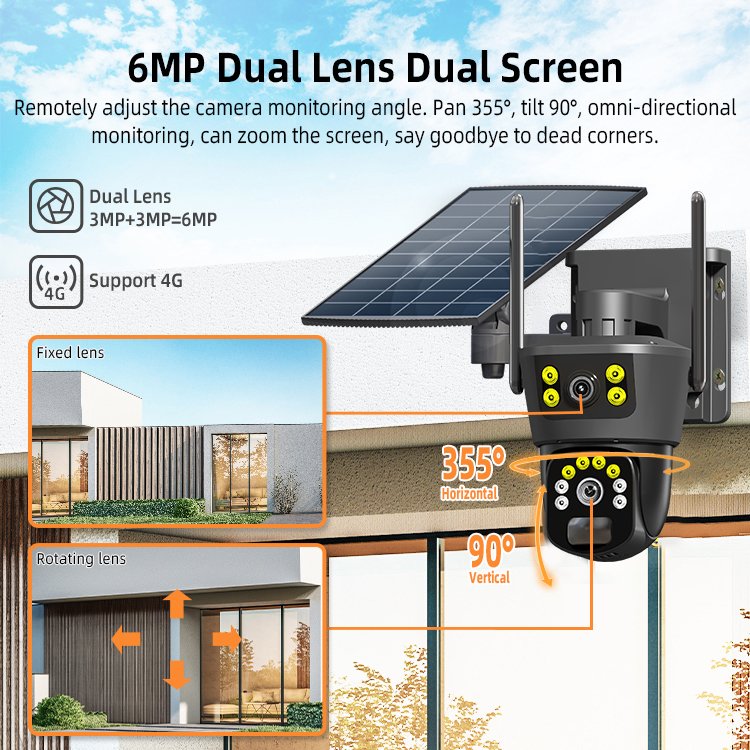Dual lens 7W solar panel CCTV camera home security network camera with 4G SIM card PIR night vision