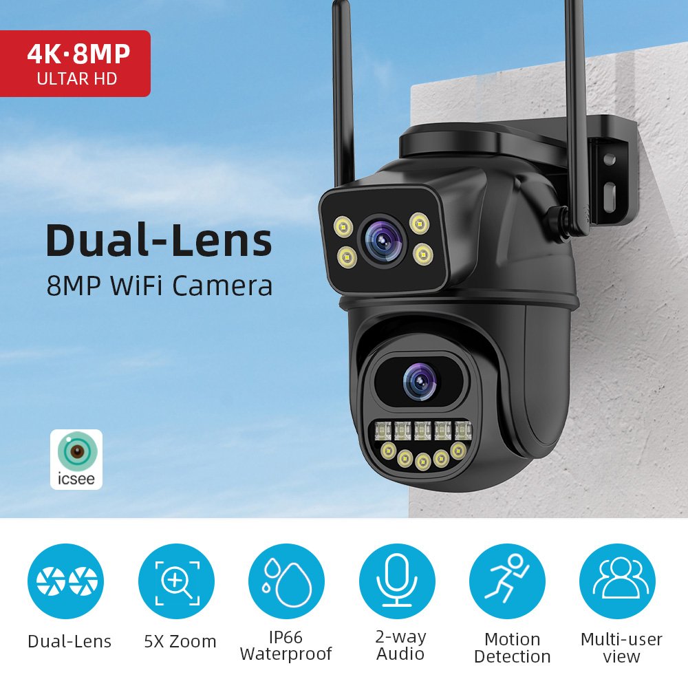 ICSEE APP 6MP WIFI Dual Lens Security Camera PTZ Dome White Light Night Vision AI Human Detection Video Alarm CCTV Free Alexa