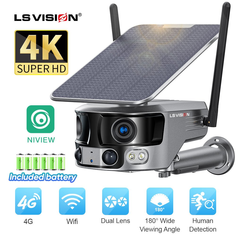 LS VISION 4K 8MP Outdoor WiFi PTZ Dual Lens Human Auto Tracking Waterproof Security Cameras 4G SIM Card Dual Screen Solar Camera