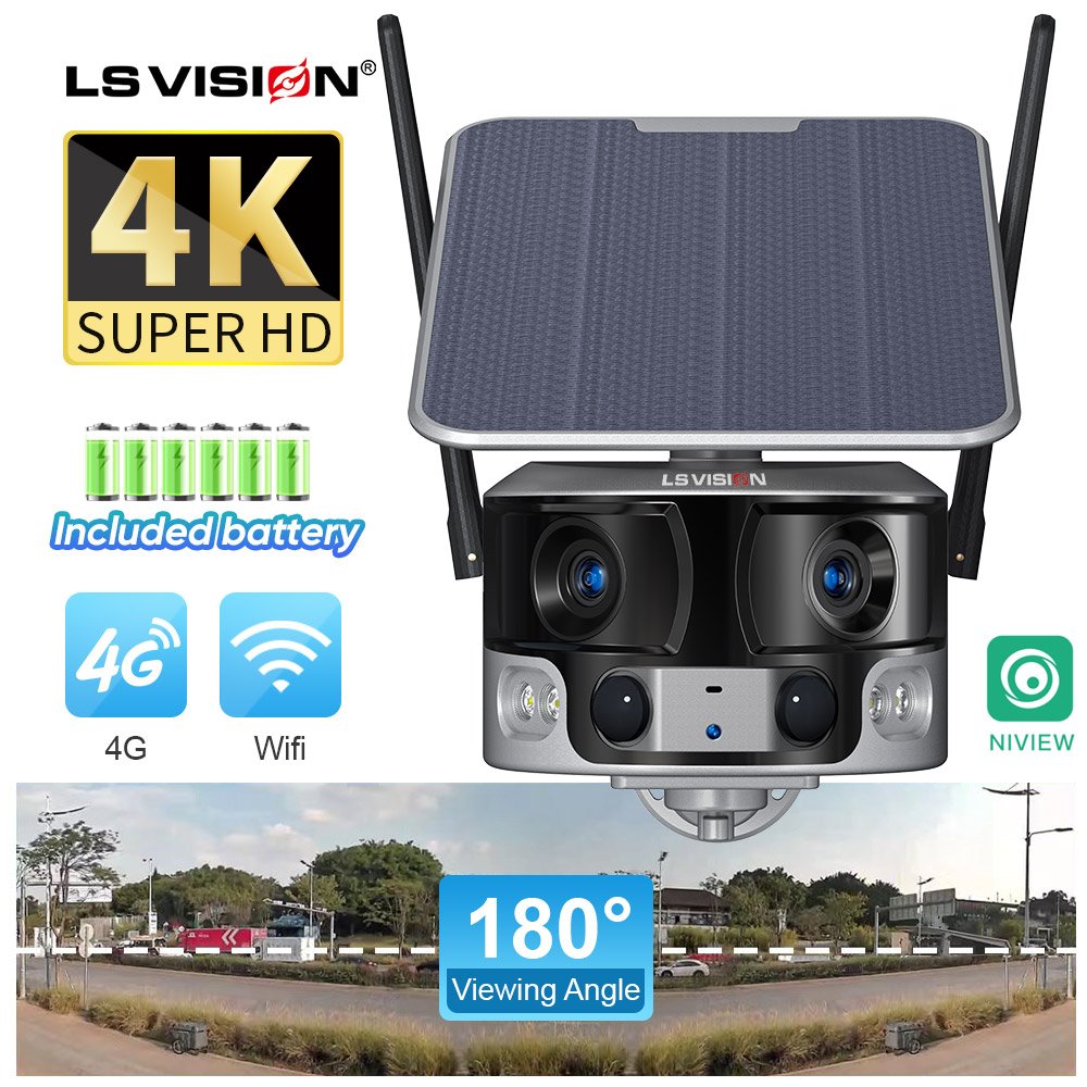 LS VISION 4K 8MP Outdoor WiFi PTZ Dual Lens Human Auto Tracking Waterproof Security Cameras 4G SIM Card Dual Screen Solar Camera