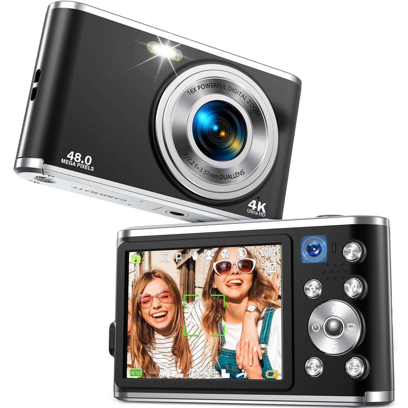 4K Autofocus Front and Rear Dual Cameras, HD 48MP , 2.8" Large Screen, 16X Digital Zoom, Rechargeable compact digital camera