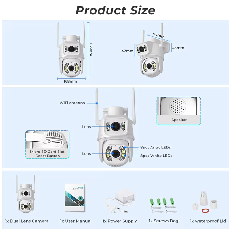 2024 dual lens dome cctv camera Icsee App mini outdoor wifi cctv camera connected to mobile phone smart AI camera security
