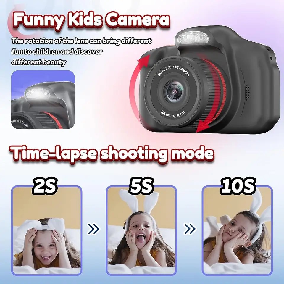 X2Pro Dual lens HD SLR Digital Camera 10X Zoom Mini Kids Selfie Camera with Flashlight 2.4 inches screen for Kids Children gift