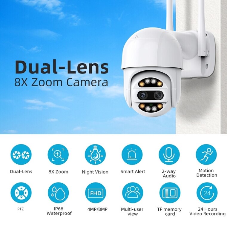 Security wifi Camera Home Security security Camera For Home 1080P 4K PTZ IP 8x Zoom Dual-Lens Surveillance Camera
