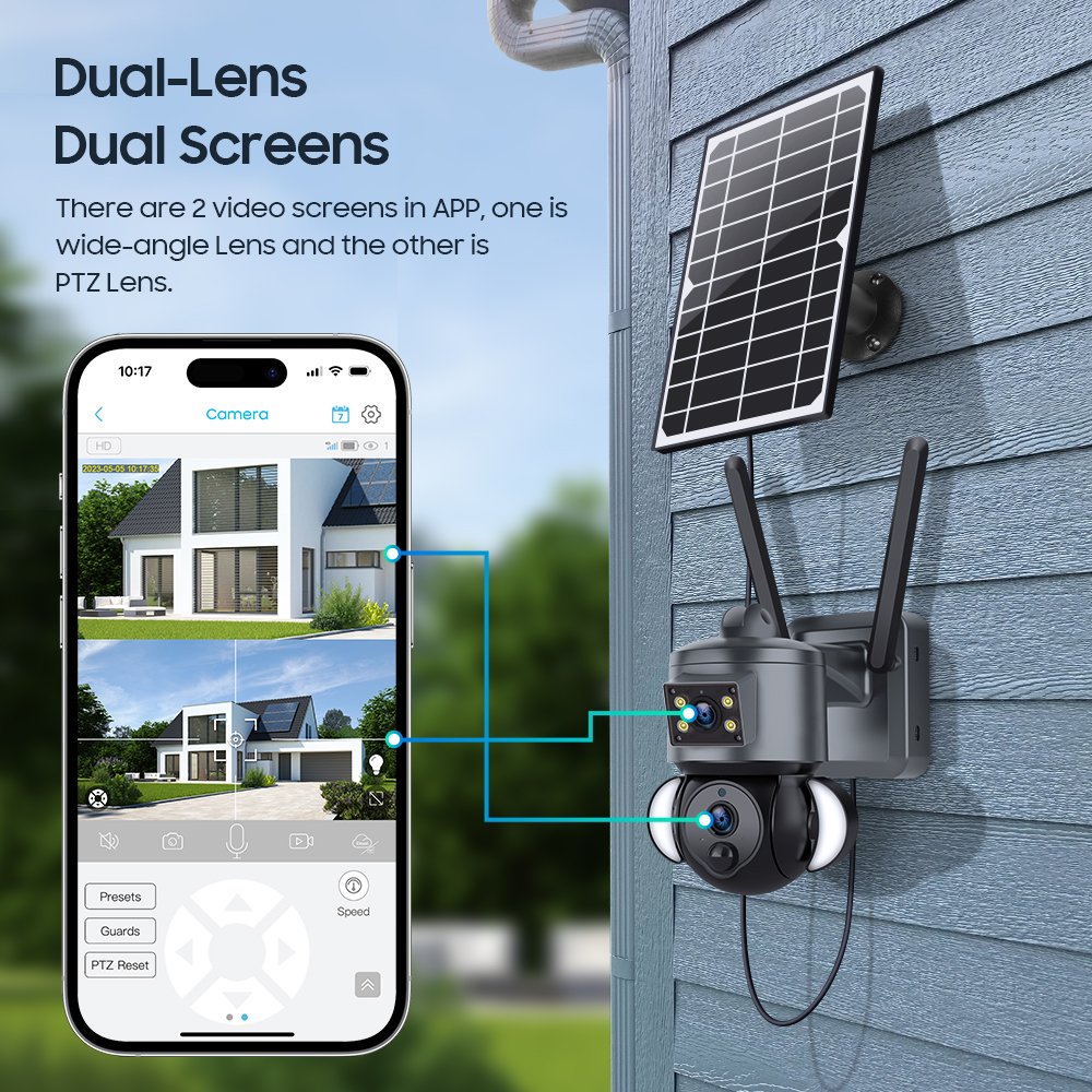 Custom logo solar 4g sim card camera Security System IP CCTV 6MP Camera Dual Lens Network Dual View Dual Linkage Solar Camera