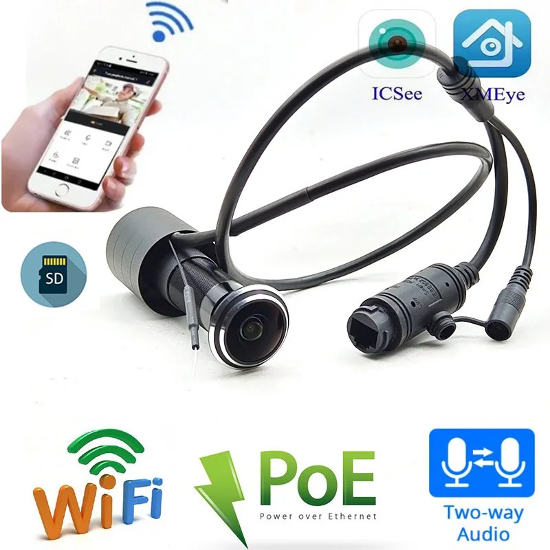 2MP POE Wifi Door Eye Hole IP Camera Wireless Wide Angle Cat FishEye Peephole Door CCTV Cam Network P2P ICSEE On vif 2 Way Audio