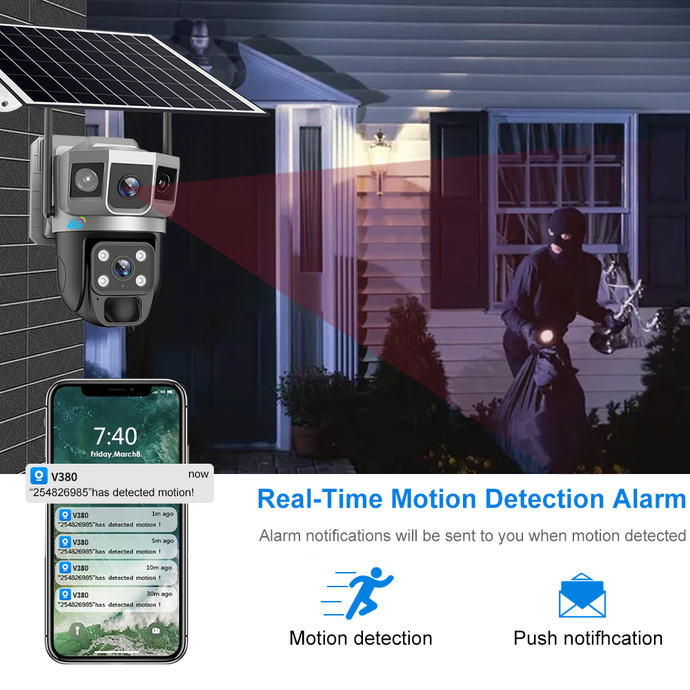 Dual 4G 10X Zoom Ultra 8MP HD Security Camera Solar Powered 4K Two-Way Audio Wide Angle WiFi Indoor Use Accepts SD/ Memory Cards