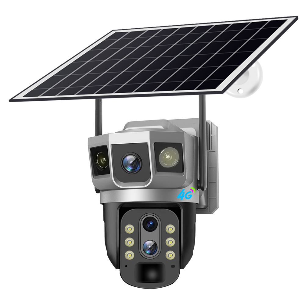 New V380 3Lens 3 screens 4MP Solar Battery Powered Camera Outdoor CCTV Network PTZ Dual Lens 10 Optical Zoom 4G Solar Camera