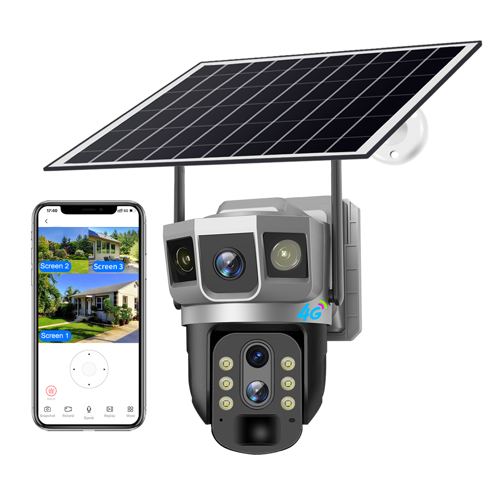 New V380 3Lens 3 screens 4MP Solar Battery Powered Camera Outdoor CCTV Network PTZ Dual Lens 10 Optical Zoom 4G Solar Camera