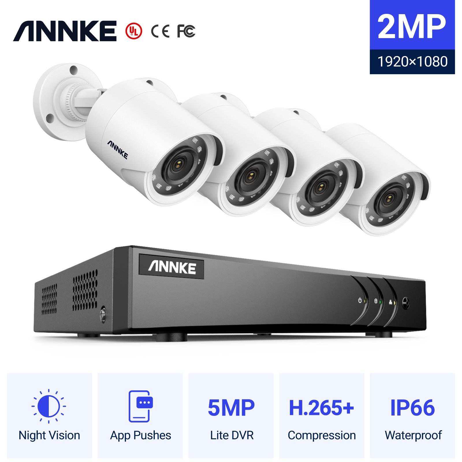 ANNKE 8-Channel 5 Megapixel H.265+ 5-in-1 DVR Security Camera System with 4pcs 1080p HD Outdoor IP66 Waterproof Security Cameras