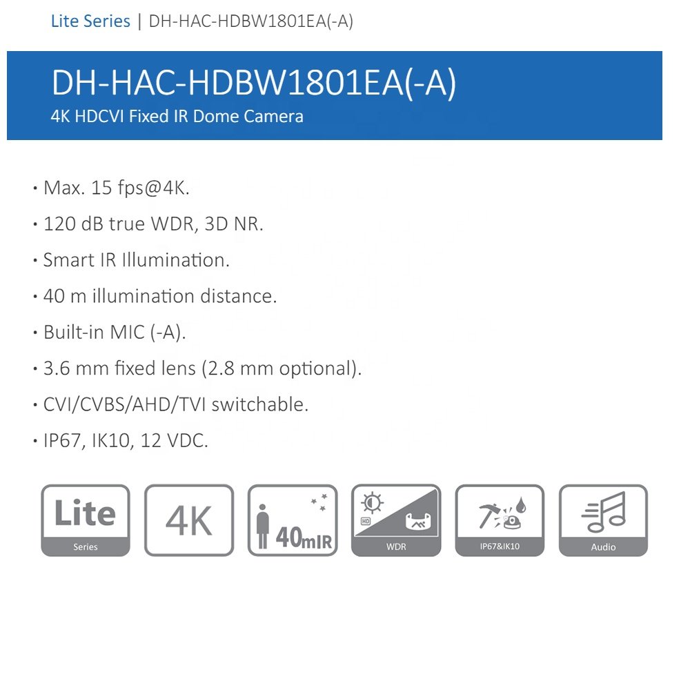 HAC-HDBW1801EA(-A) IP67 Vandalproof 40m Smart IR 8MP Dome CCTV Security Camera System Dahua 4K Analog HDCVI Camera