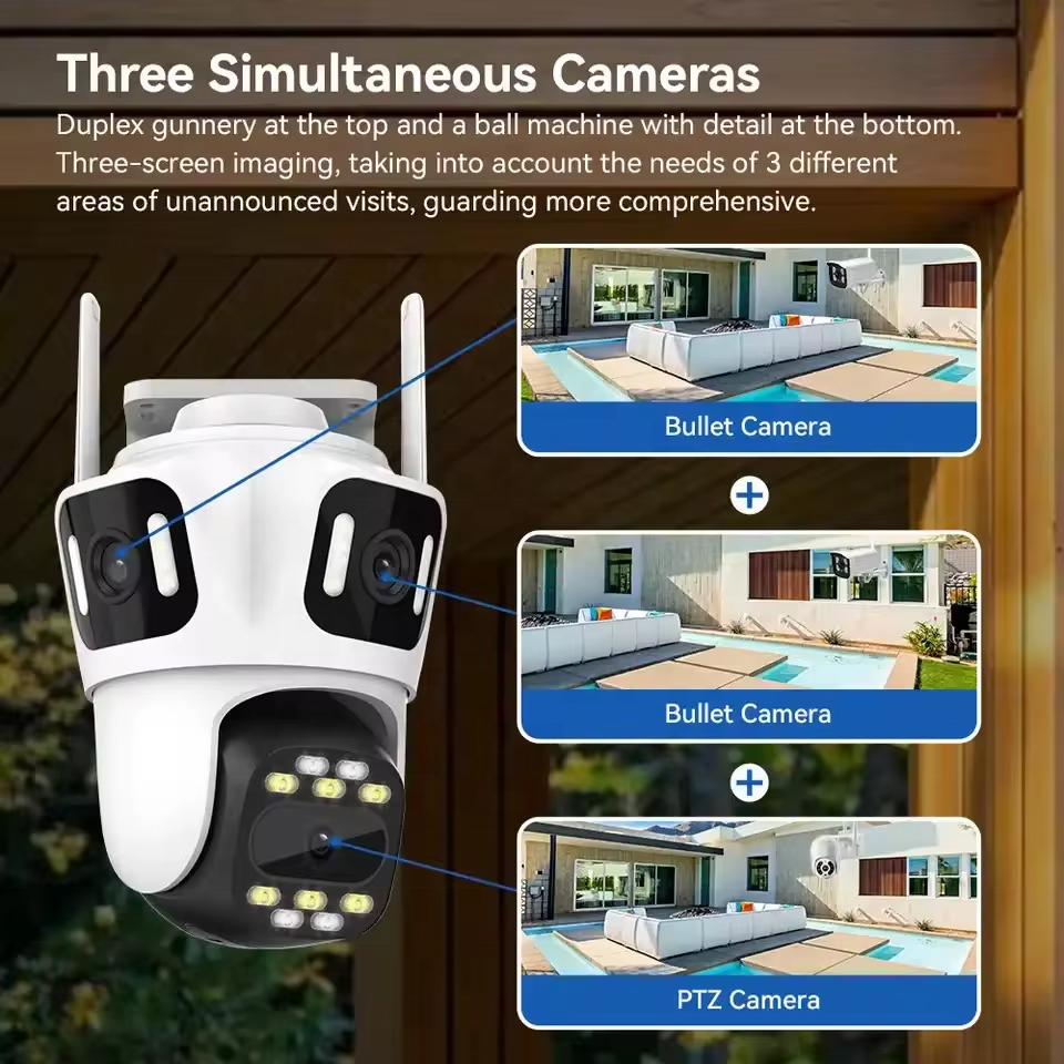 ShooCam 12mp Wireless 4g Sim Card Surveillance Ip Cameras Three Lens Ptz Real-Time Recording Outdoor Security Network Camera