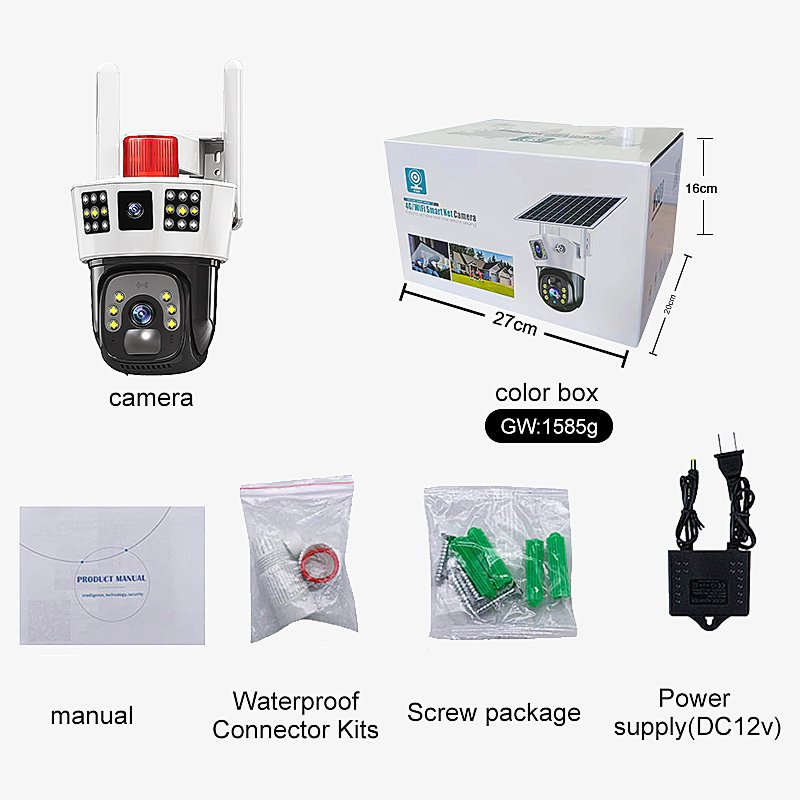 12MP 4G Dual Lens 3Screens PIR Tracking Low Power Outdoor Network WIFI Security IP PTZ battery Solar Camera
