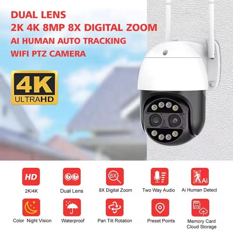 8MP 4K IP Dome PTZ Network Camera Human Tracking 8X Zoom Dual 4MP Lens WiFi Outdoor Camera iCSee Wireless Security Camera