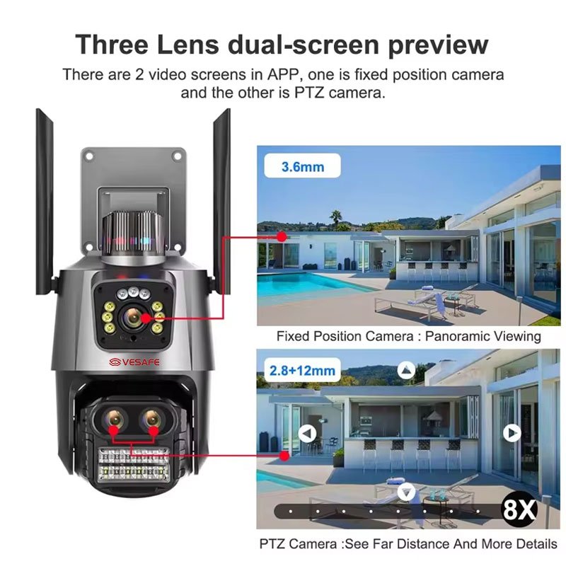 Vesafe 9MP Outdoor IP Home PTZ CCTV Surveillance Three Lens 8X Zoom Wireless WiFi Network Smart Security Camera
