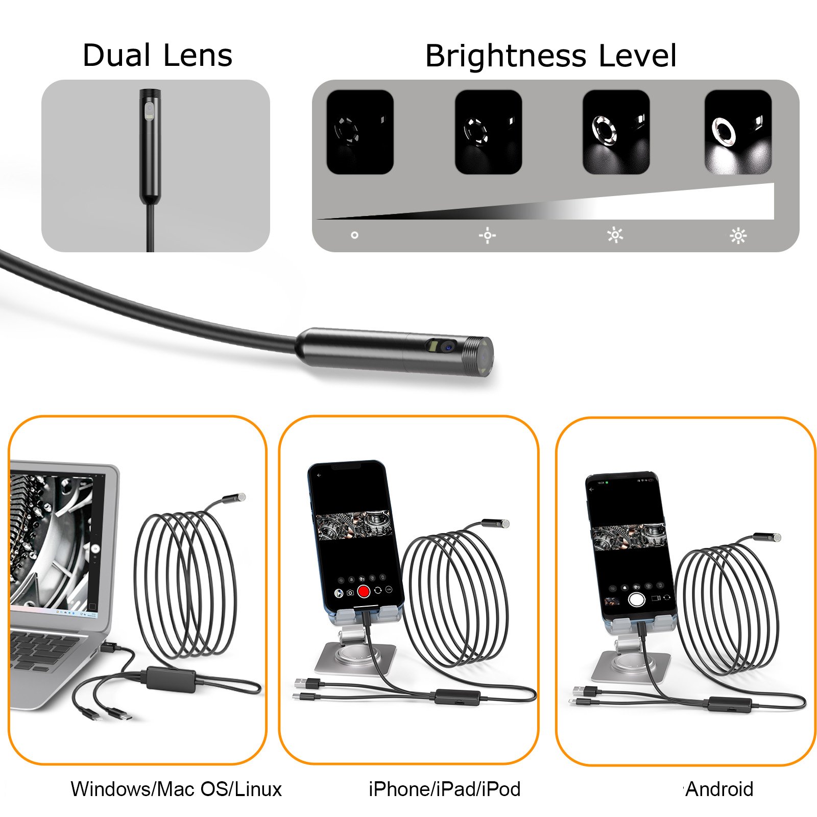 4 IN1 Dual Endoscope Inspection Camera Compatible with IOS & Android System for Smartphone iPad iPhone & Mini for Outdoor Use