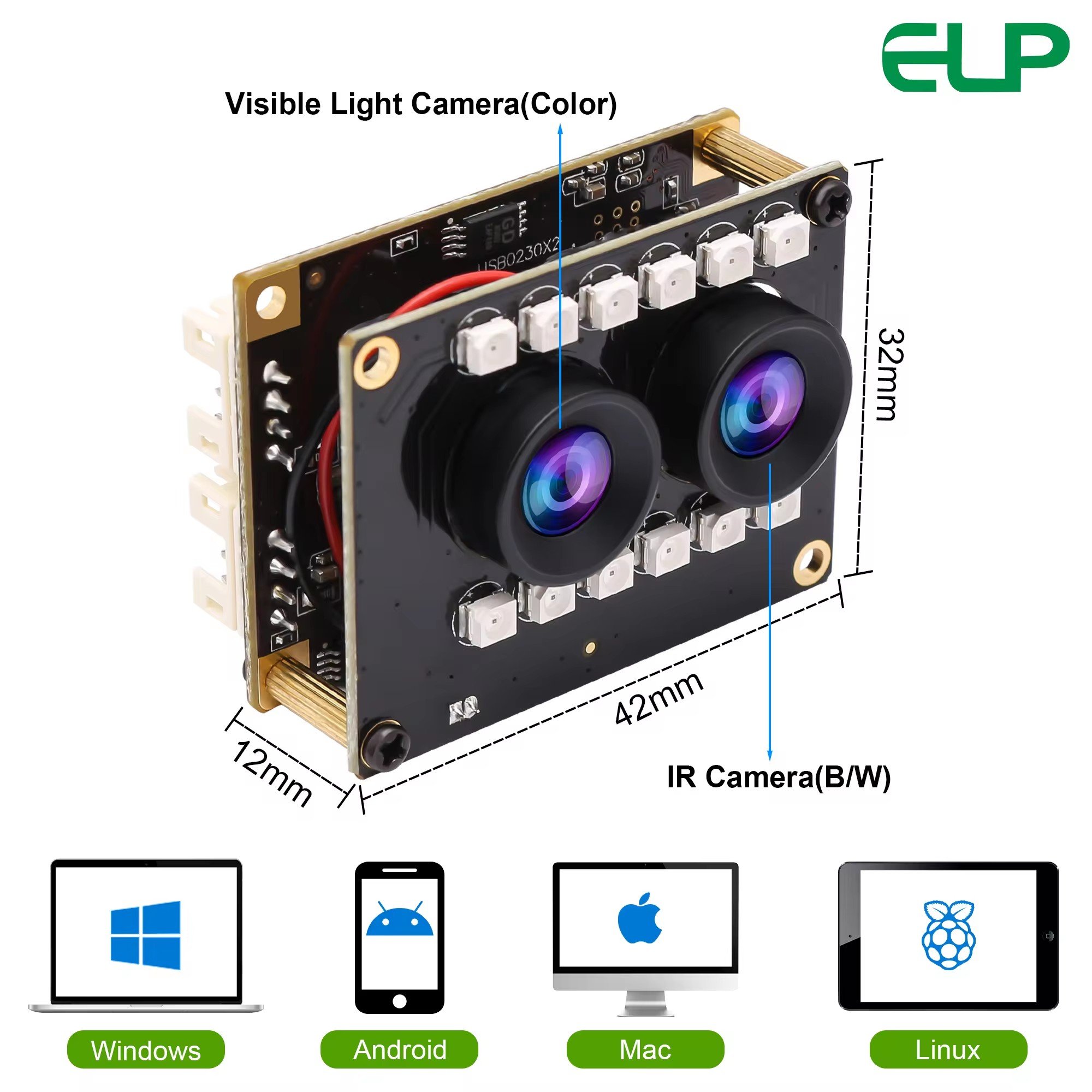 ELP 1080P Dual Lens Asynchronous Webcam Night Vision Module Camera AR0230 UVC Mini Embedded USB Camera with Wide Angle Lens