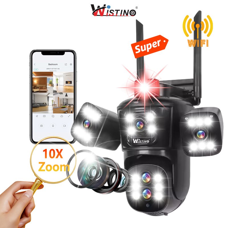 Wistino 4 lens 10x zoom outdoor waterproof camera 8mp night vision full color alarm push cameras wifi