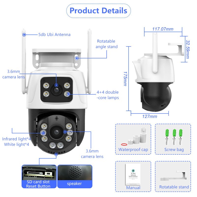 Icsee 6mp Dual Lens Wireless Outdoor 6MP 3K Dual Lens Wireless PTZ CCTV Camera Mini WiFi Network Camera