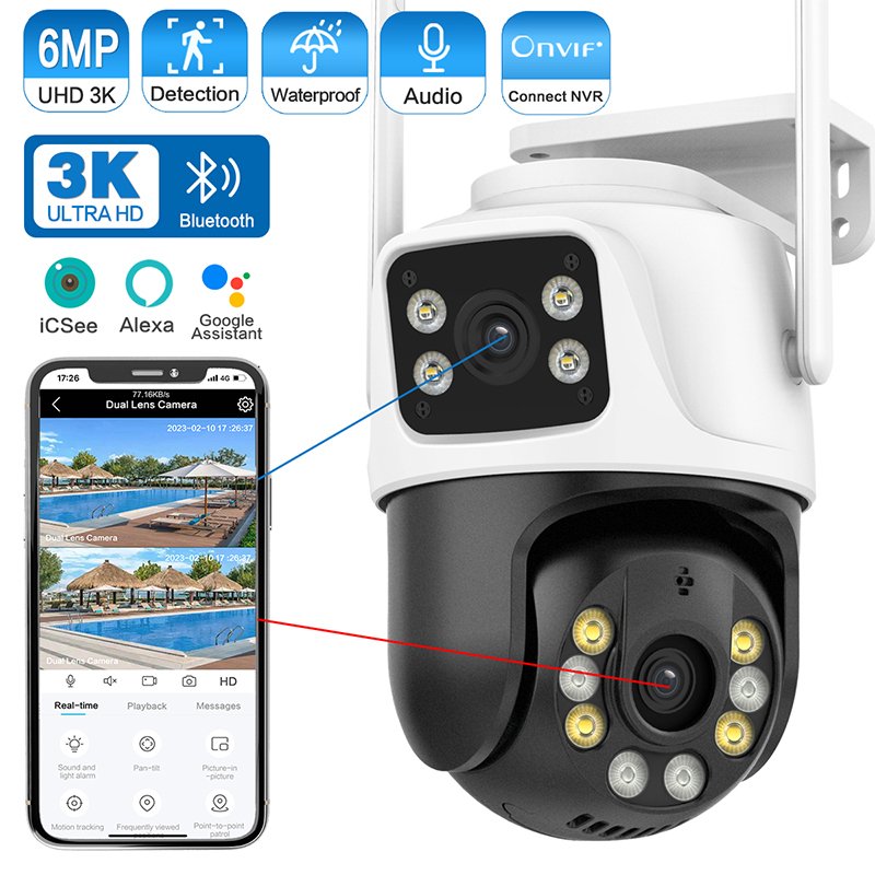 Icsee 6mp Dual Lens Wireless Outdoor 6MP 3K Dual Lens Wireless PTZ CCTV Camera Mini WiFi Network Camera