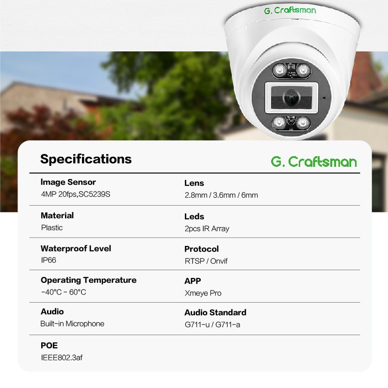 GX-PDFI-M4G GCraftsman 4MP POE CCTV IP Security Dome Turret Camera with Audio Human Face Detection Night Vision Indoor Outdoor