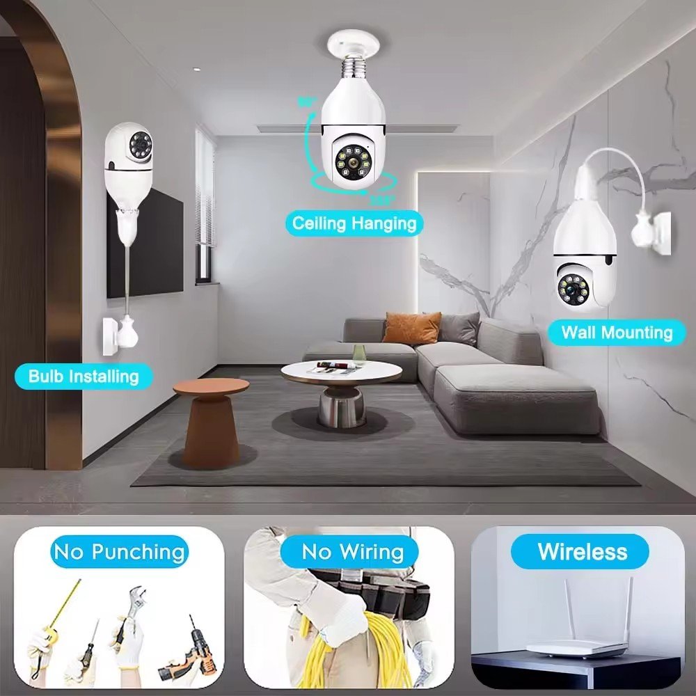 390eyes 720P HD Full Color Night Vision E27 Socket light camera CCTV network camera Auto Tracking Security 360 degree Camera