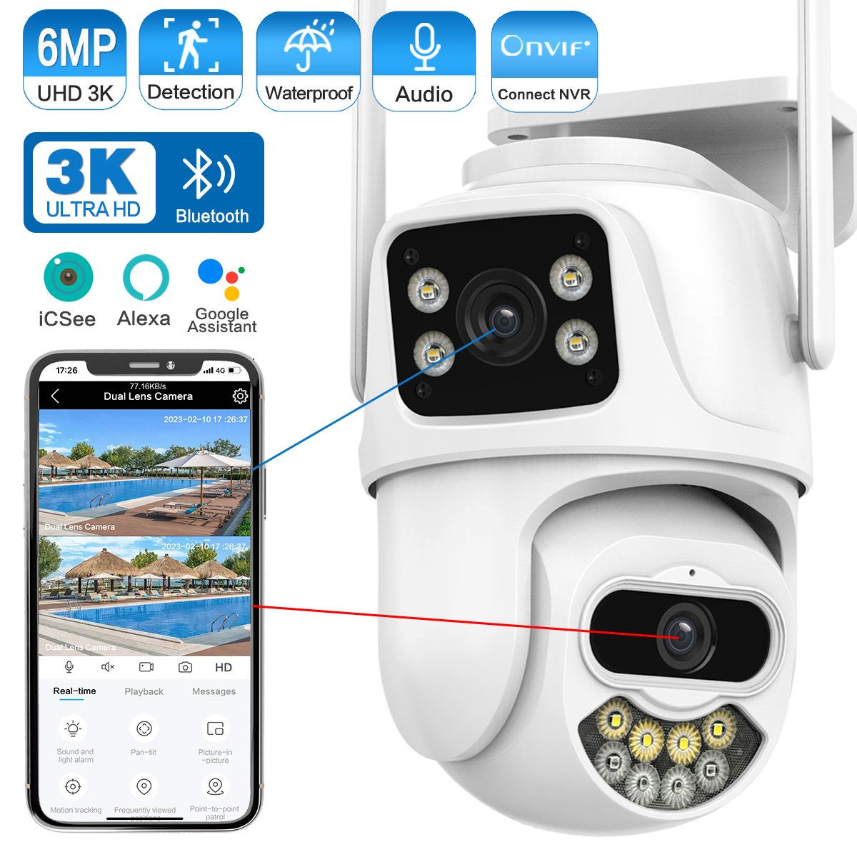 Dual Lens 6Mp AI Human Detection PTZ Wi-Fi Waterproof Outdoor Security IP Camera Dual Screens Indoor Network Camera Night Vision