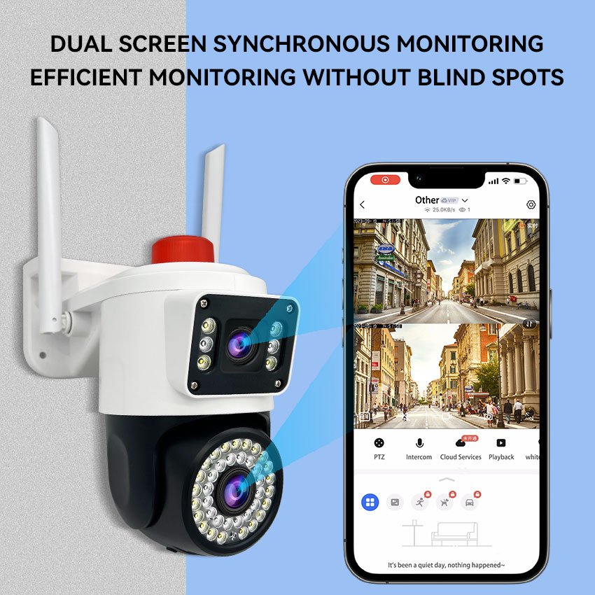 surveillance camera dual screen monitoring home outdoor waterproof 360 degree red and blue sound and light alarm wifi camera