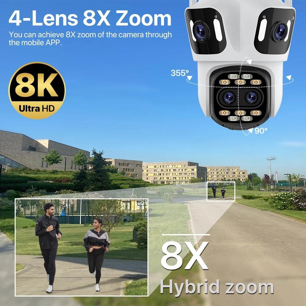 iCsee 12MP 3K IP Camera Four Lens Four Screen 8X Optical Zoom Human Detection Tracking Outdoor Ptz Wifi Network Camera