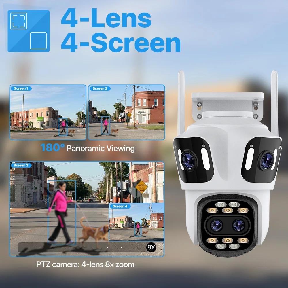 iCsee 12MP 3K IP Camera Four Lens Four Screen 8X Optical Zoom Human Detection Tracking Outdoor Ptz Wifi Network Camera