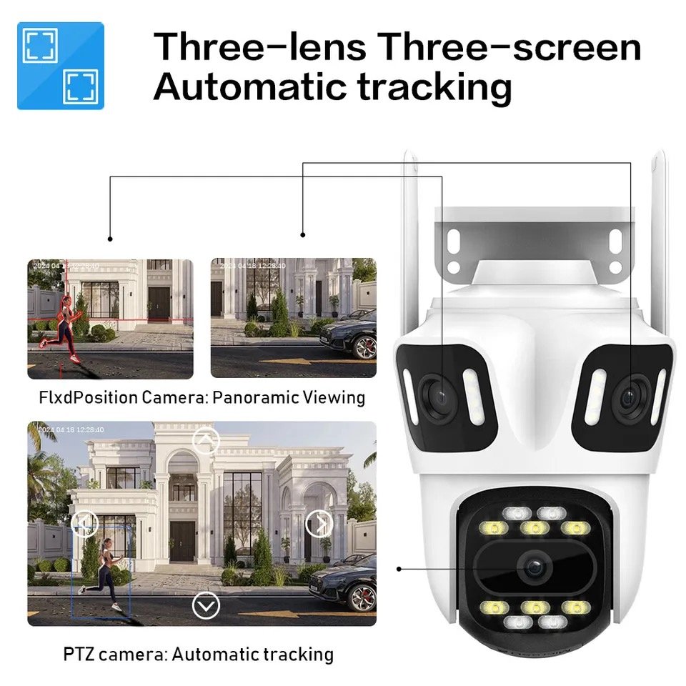 Wistino P2P ICSEE Three Lens Three Screen Wifi PTZ Camera 6K HD Outdoor IP Camera Auto Tracking Video Security Cameras Wifi
