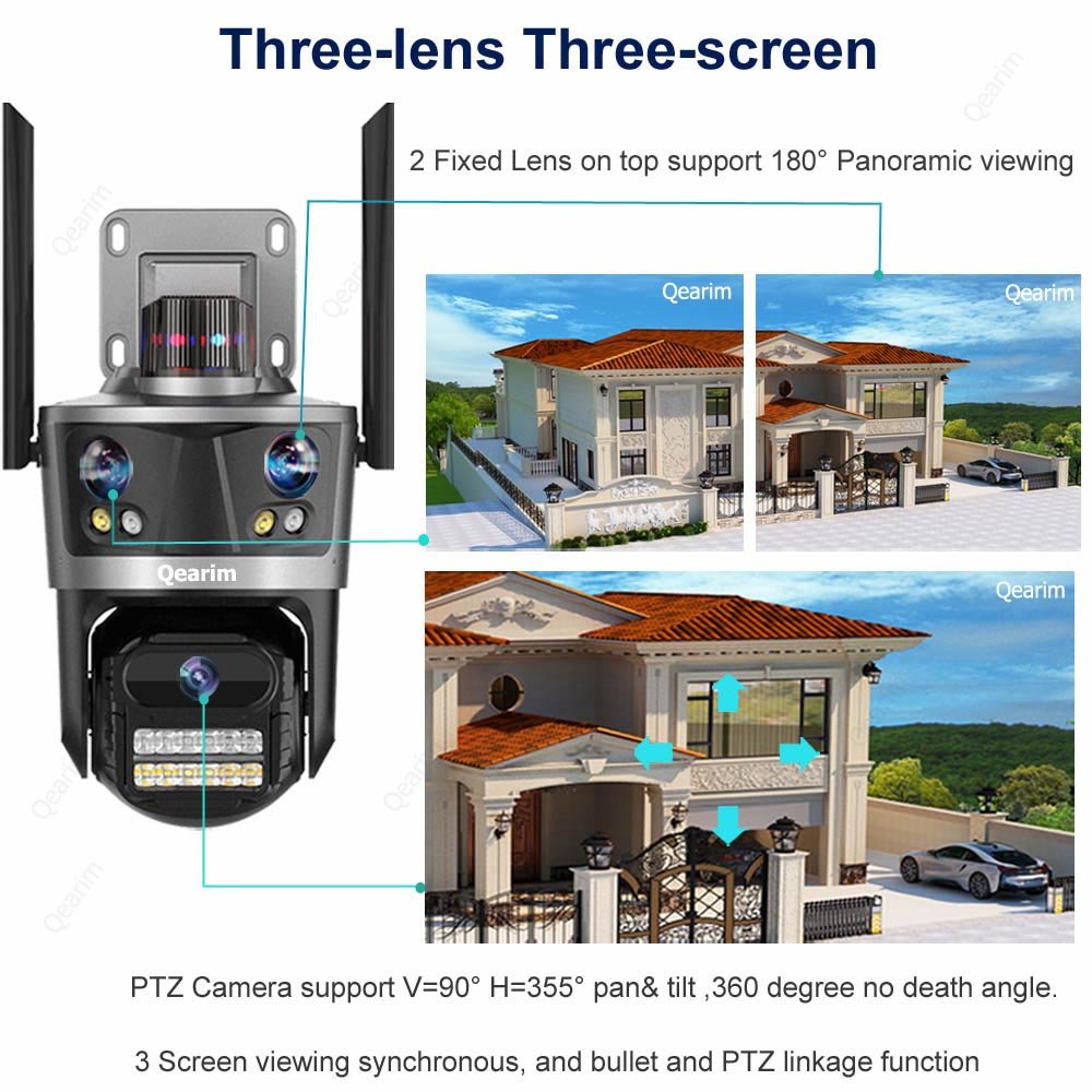 Qearim iCsee directly manufacturer three Lens PTZ Security Camera 8MP 4K WiFi Camera Outdoor CCTV ip 3 screen network camera