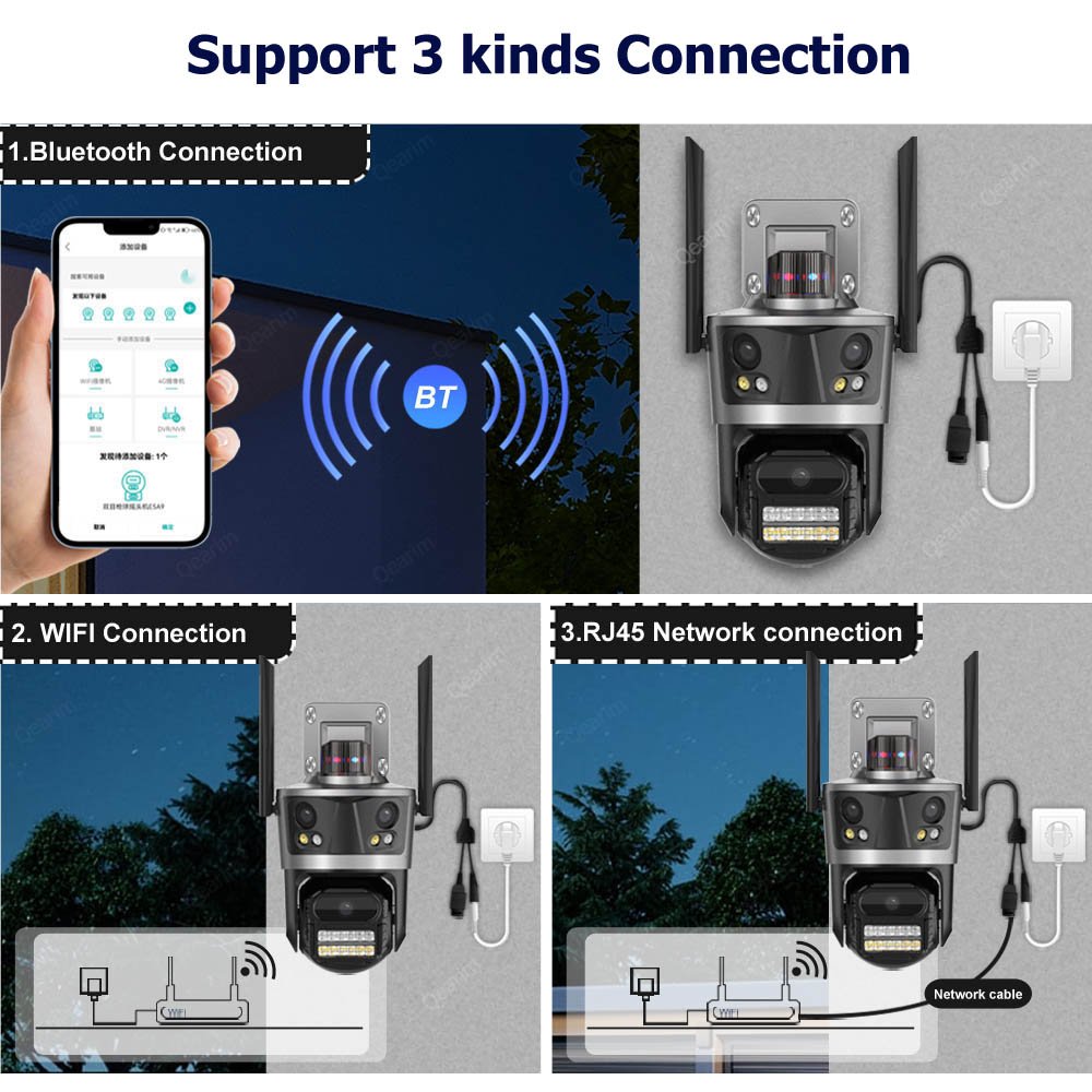 Qearim iCsee directly manufacturer three Lens PTZ Security Camera 8MP 4K WiFi Camera Outdoor CCTV ip 3 screen network camera
