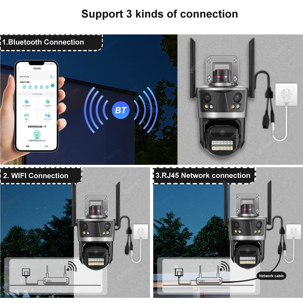 Qearim iCsee directly manufacturer three Lens PTZ Security Camera 8MP 4K WiFi Camera Outdoor CCTV ip 3 screen network camera