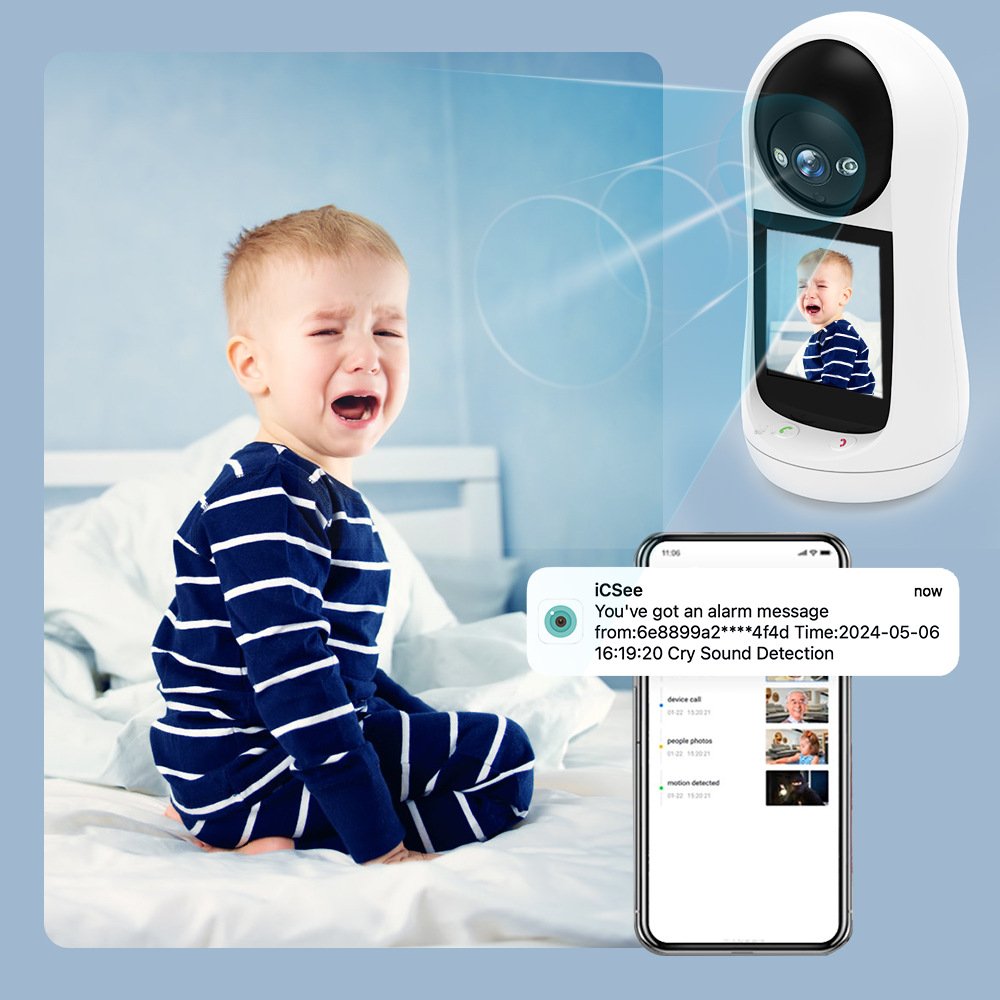 3MP ICSEE Baby Monitor With Screen Night Vision Motion Cry Sound Detection One Click Video Call Dual Intercom WIFI PTZ Camera