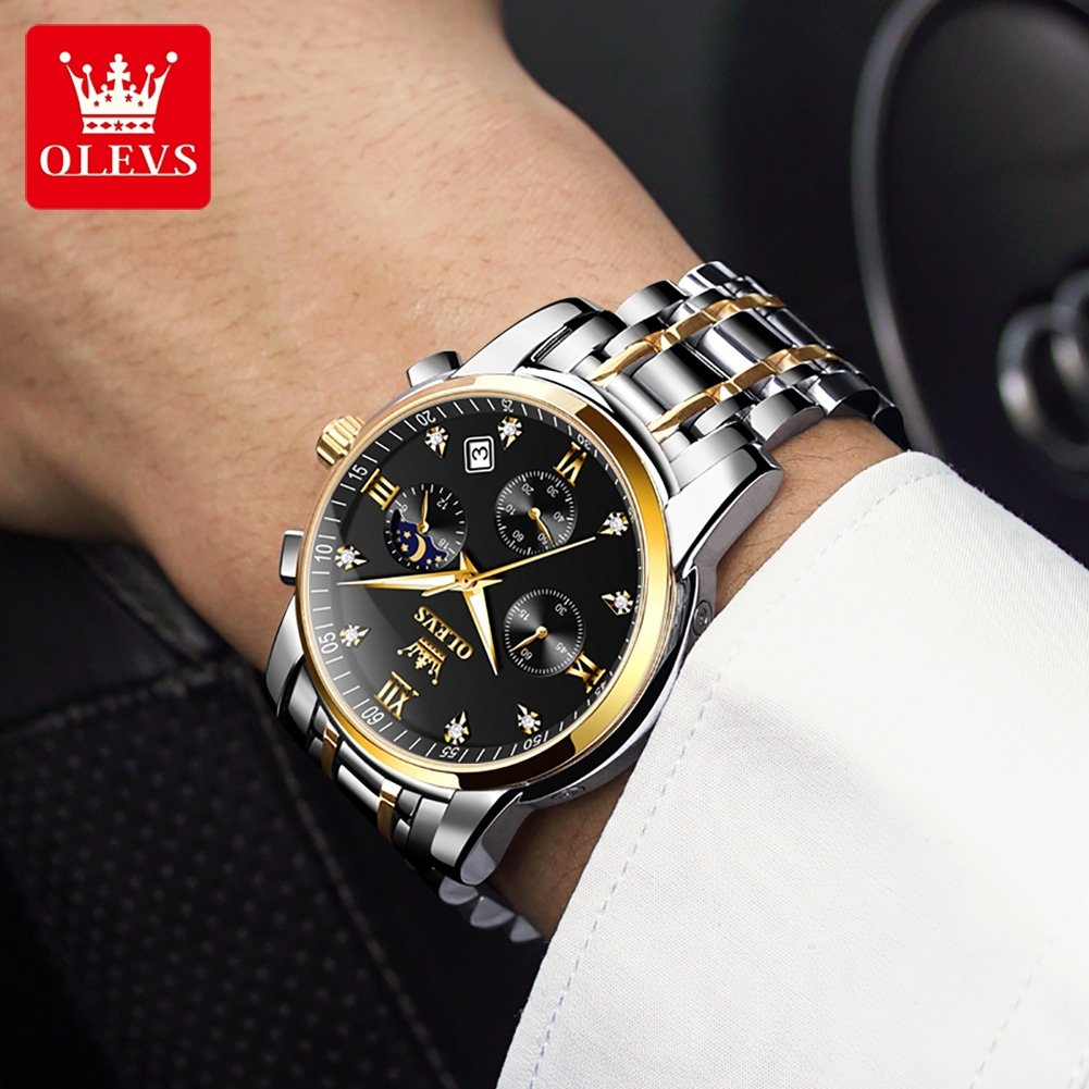 Custom Your Own Logo OLEVS 2858 Men Watch Business Multi Time Zone Waterproof Feature Analog Date Stainless Steel Quartz Watch