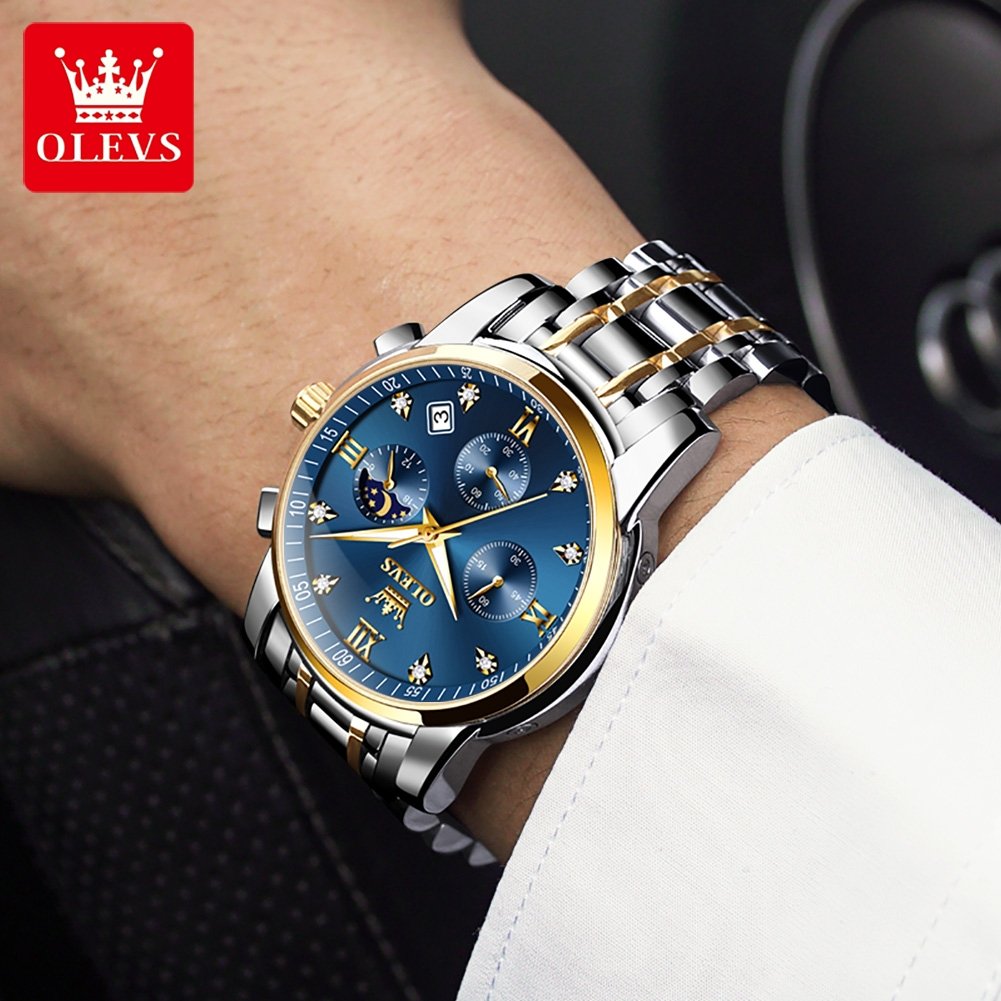 Custom Your Own Logo OLEVS 2858 Men Watch Business Multi Time Zone Waterproof Feature Analog Date Stainless Steel Quartz Watch