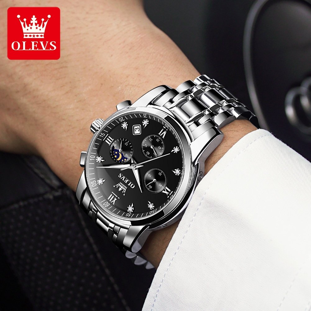 Custom Your Own Logo OLEVS 2858 Men Watch Business Multi Time Zone Waterproof Feature Analog Date Stainless Steel Quartz Watch