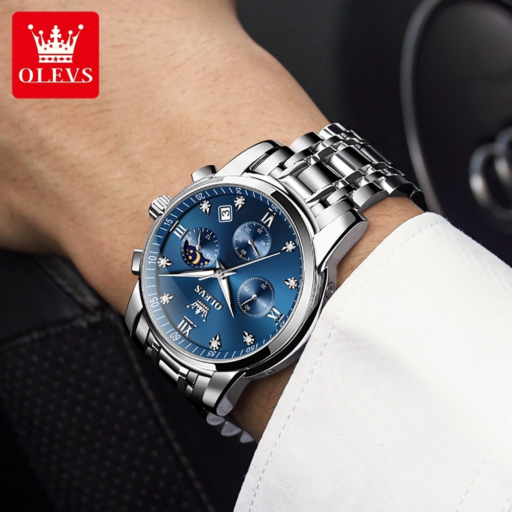 Custom Your Own Logo OLEVS 2858 Men Watch Business Multi Time Zone Waterproof Feature Analog Date Stainless Steel Quartz Watch