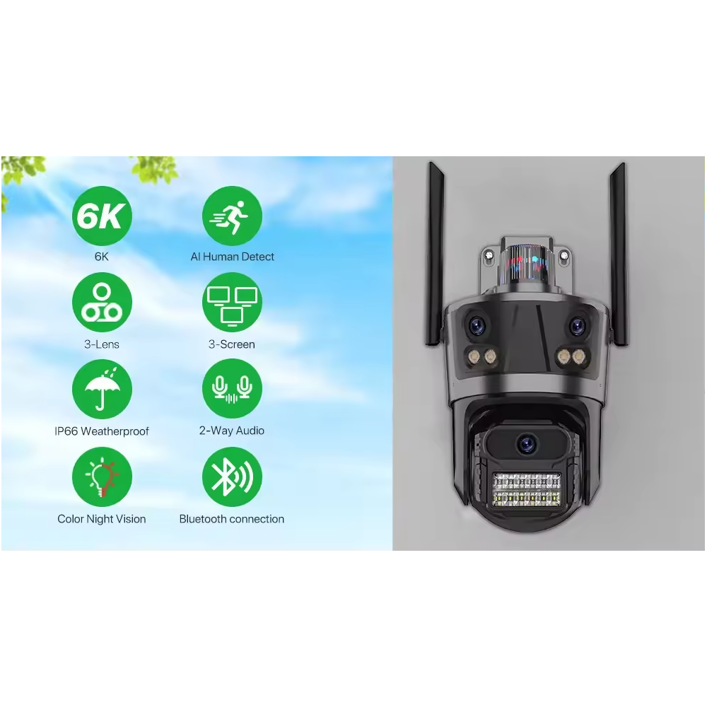 New 12MP 8X Zoom Four Lenses WiFi Smart Wireless Surveillance CCTV PTZ IP Camera 4K iCSee Outdoor WiFi Security Camera