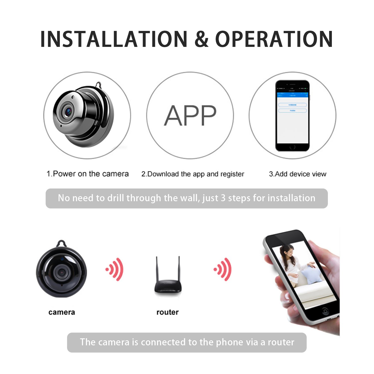 Home Wifi Mini V380 Camera Wall-mounted Wireless APP Support Motioning Detection Indoor Camcorder